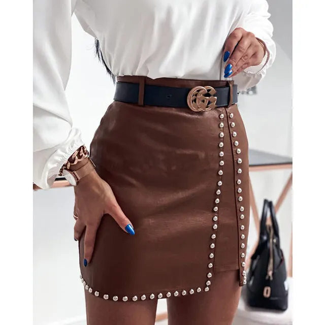 Elegant fashion studded PU leather skirts women