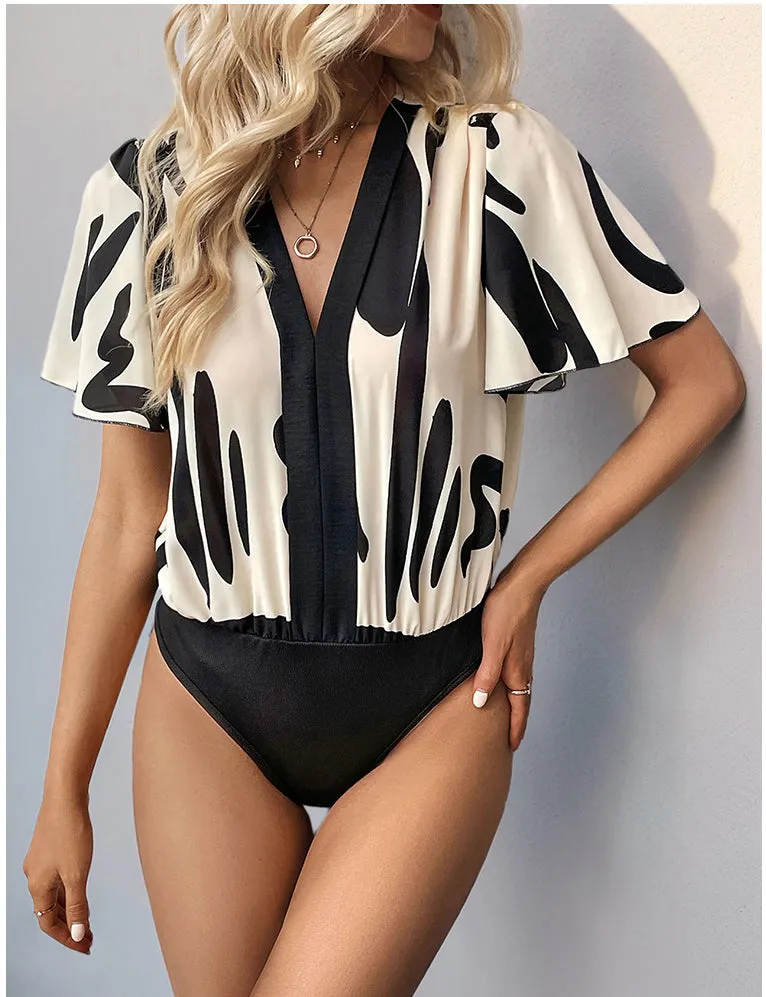 Elegant Geometric Print Bodysuit with Flutter Sleeves and Deep V-Neckline