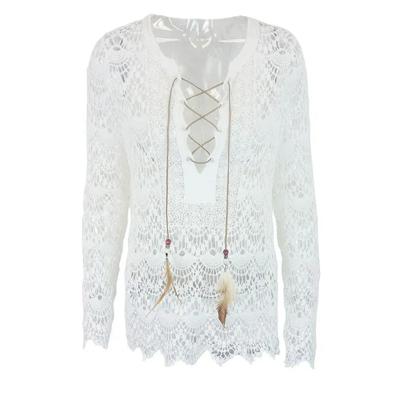 elegant white lace blouse shirt Women tops long sleeve vintage girls blouse v neck