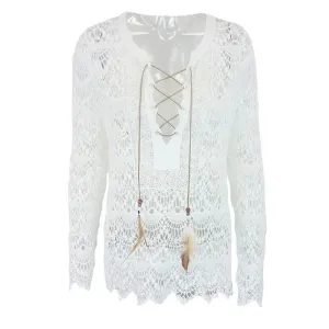 elegant white lace blouse shirt Women tops long sleeve vintage girls blouse v neck
