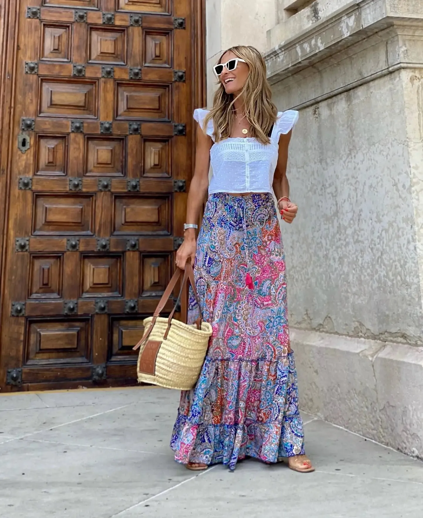Elegant Women's Skirts 2023 Summer Street Style Printed Ruffle Edge Holiday Beach Lady Casual Skirts
