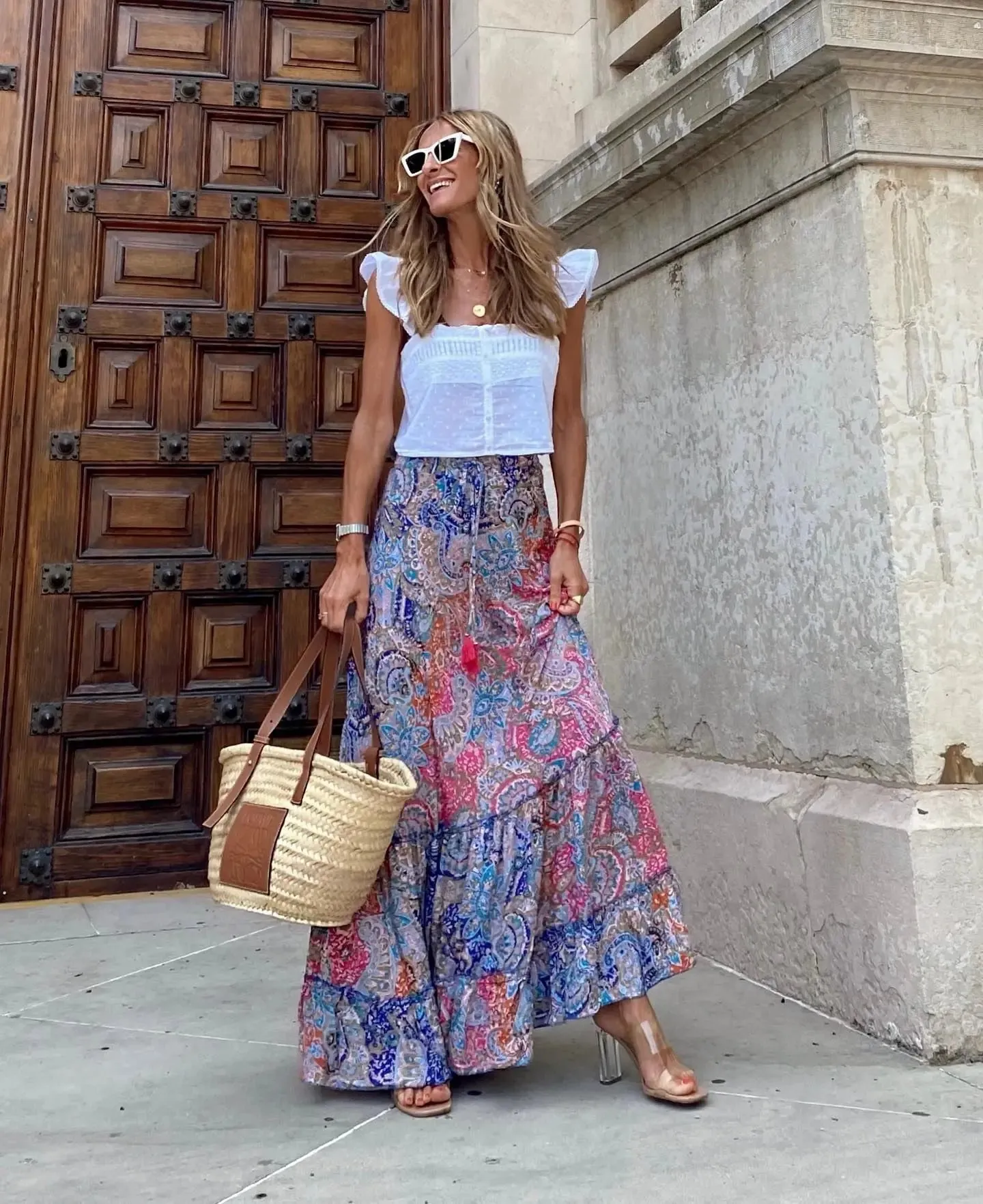 Elegant Women's Skirts 2023 Summer Street Style Printed Ruffle Edge Holiday Beach Lady Casual Skirts