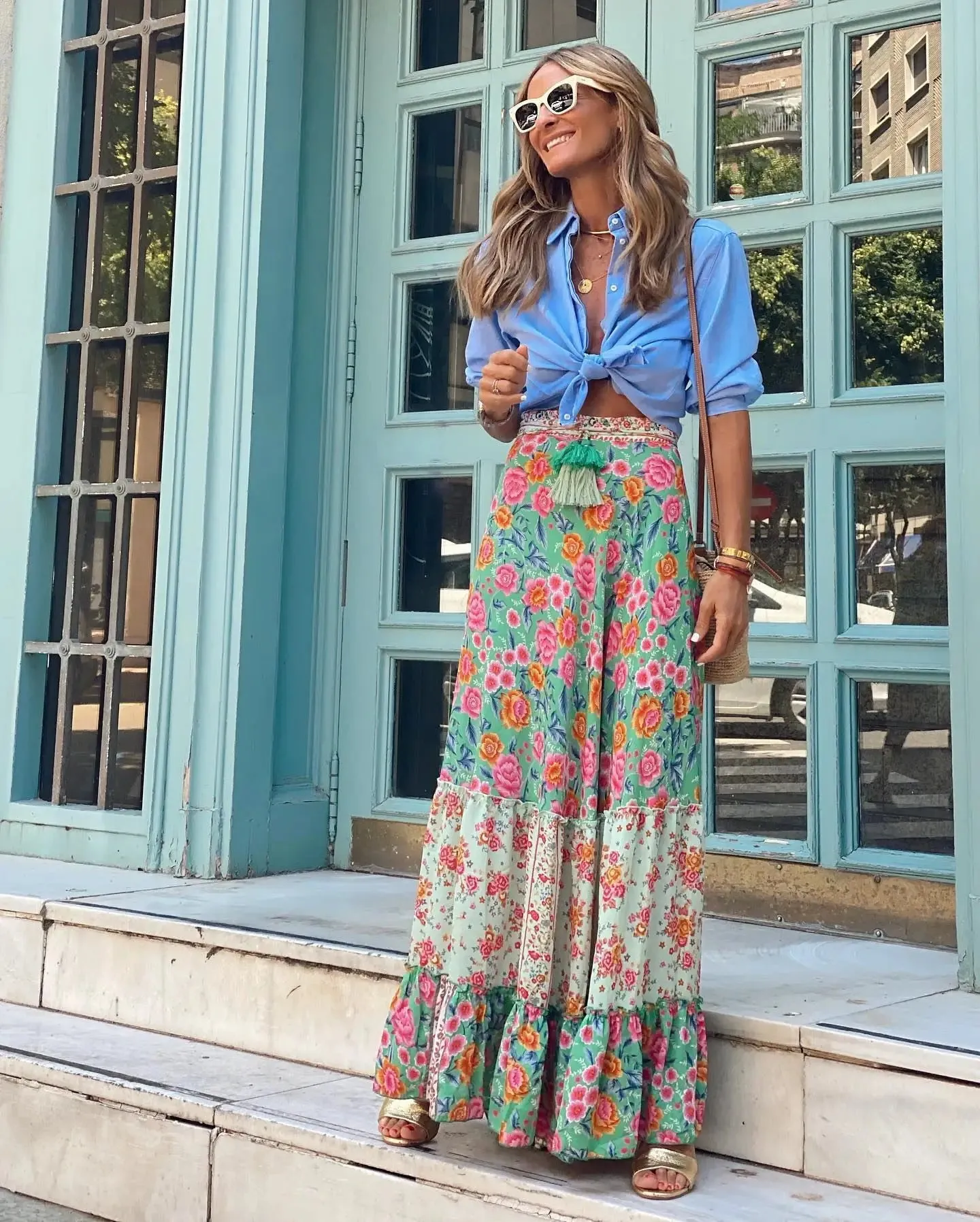 Elegant Women's Skirts 2023 Summer Street Style Printed Ruffle Edge Holiday Beach Lady Casual Skirts
