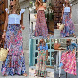 Elegant Women's Skirts 2023 Summer Street Style Printed Ruffle Edge Holiday Beach Lady Casual Skirts