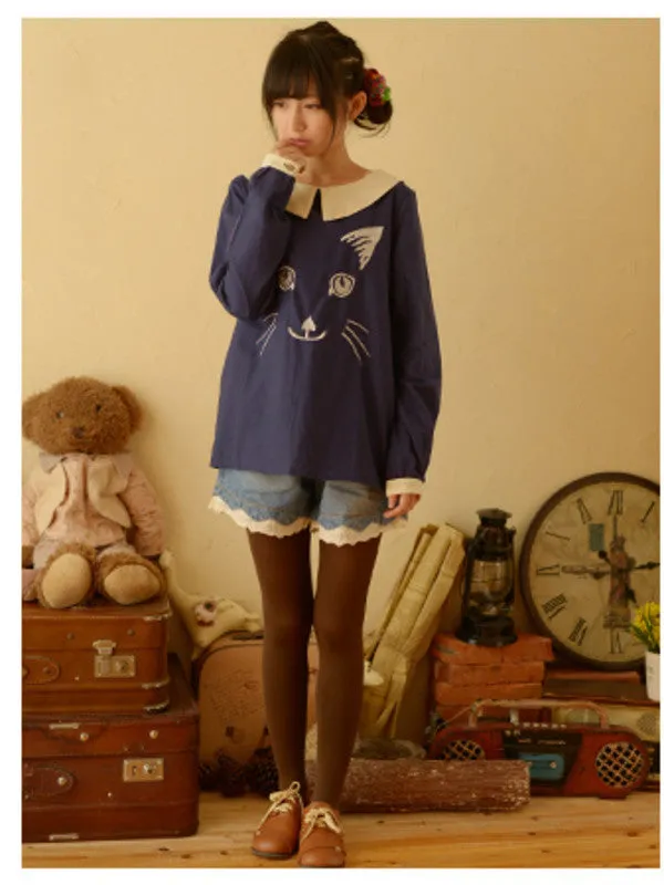 embroidered cat long sleeve top