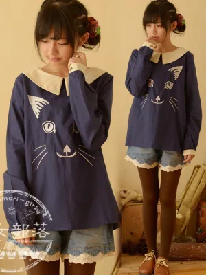 embroidered cat long sleeve top