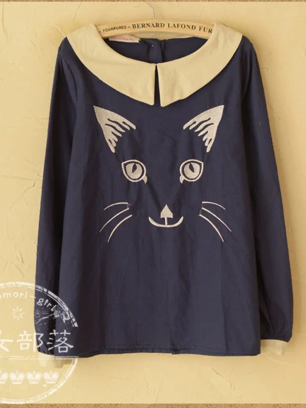 embroidered cat long sleeve top