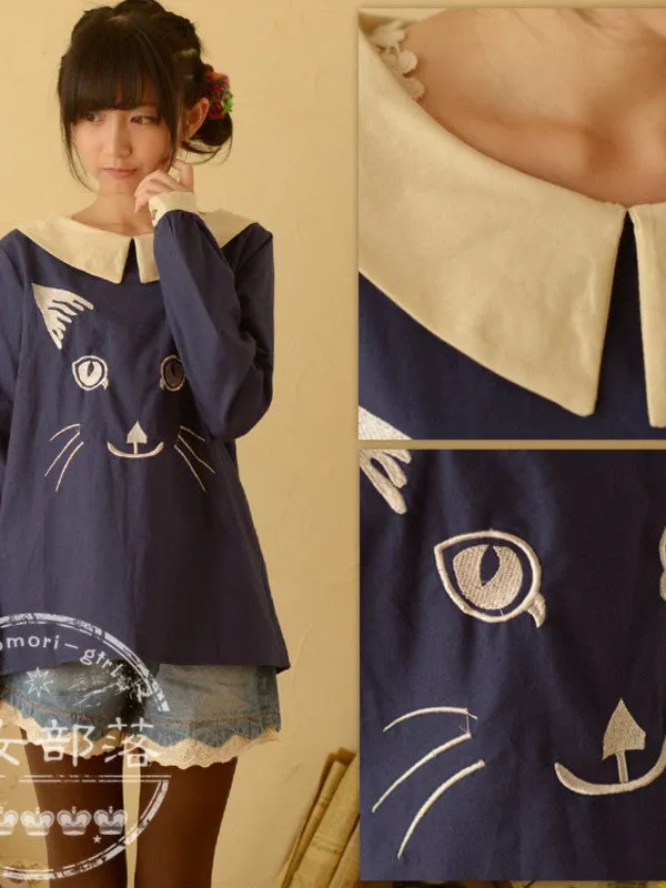 embroidered cat long sleeve top