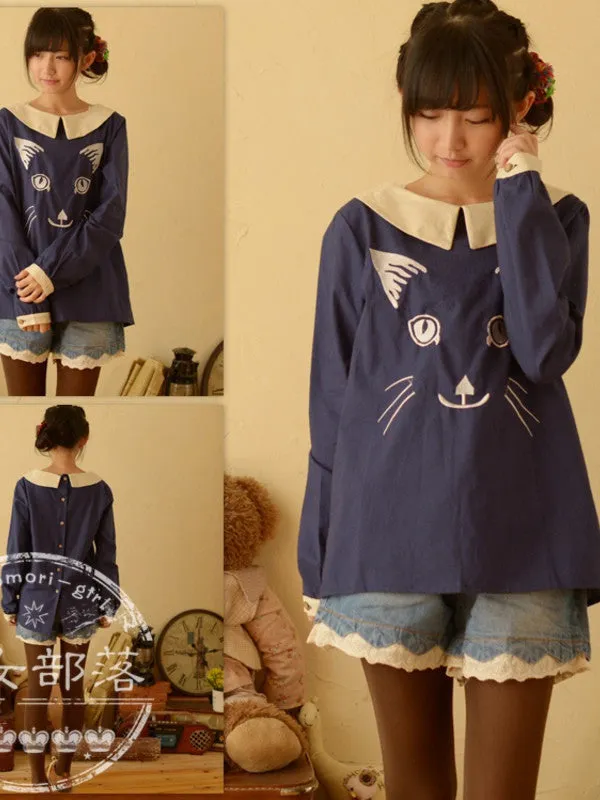 embroidered cat long sleeve top