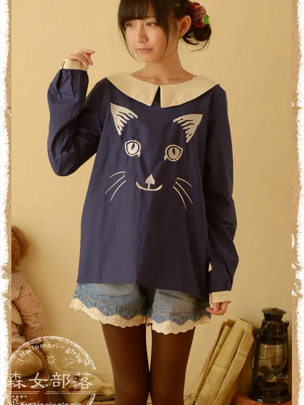 embroidered cat long sleeve top