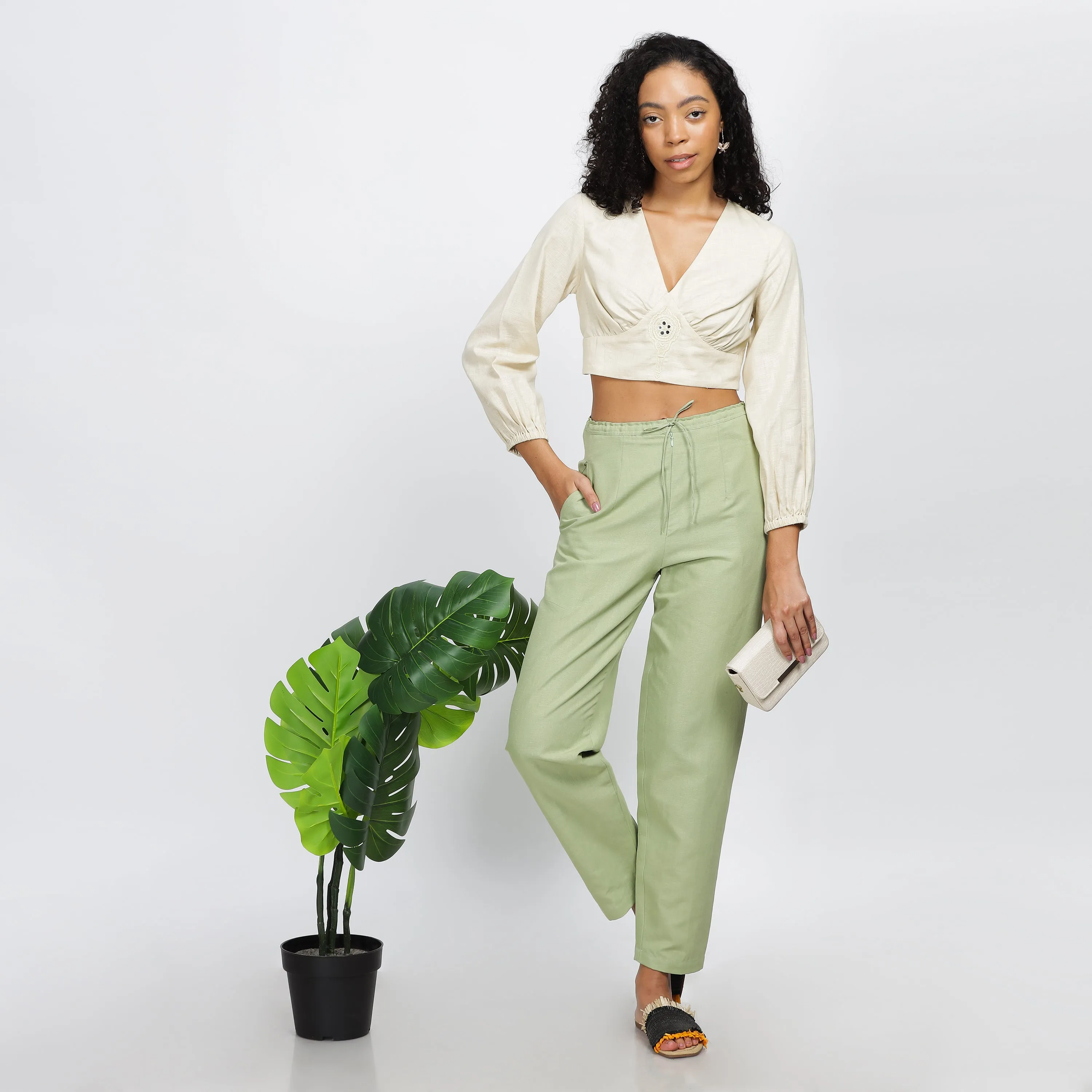 ETHERAL-Loose cotton linen crop top with full sleeves and mirror embroidery inspired by the Aranmula kannadi.