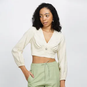 ETHERAL-Loose cotton linen crop top with full sleeves and mirror embroidery inspired by the Aranmula kannadi.