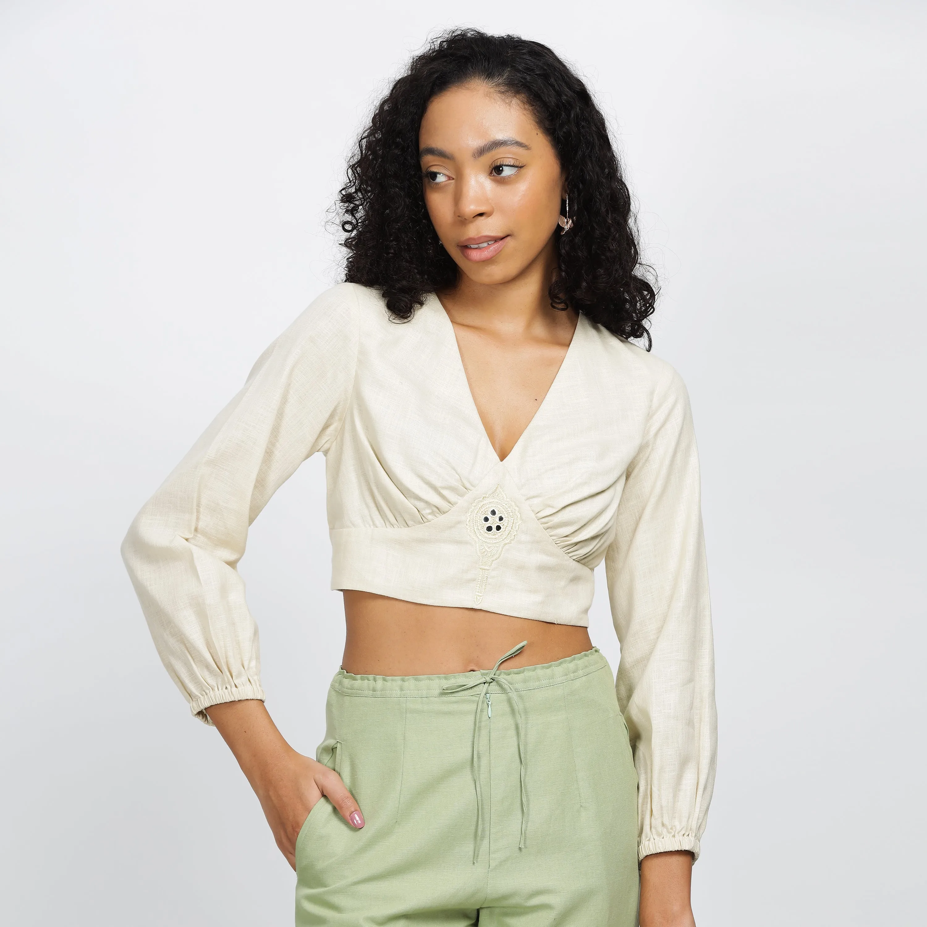 ETHERAL-Loose cotton linen crop top with full sleeves and mirror embroidery inspired by the Aranmula kannadi.