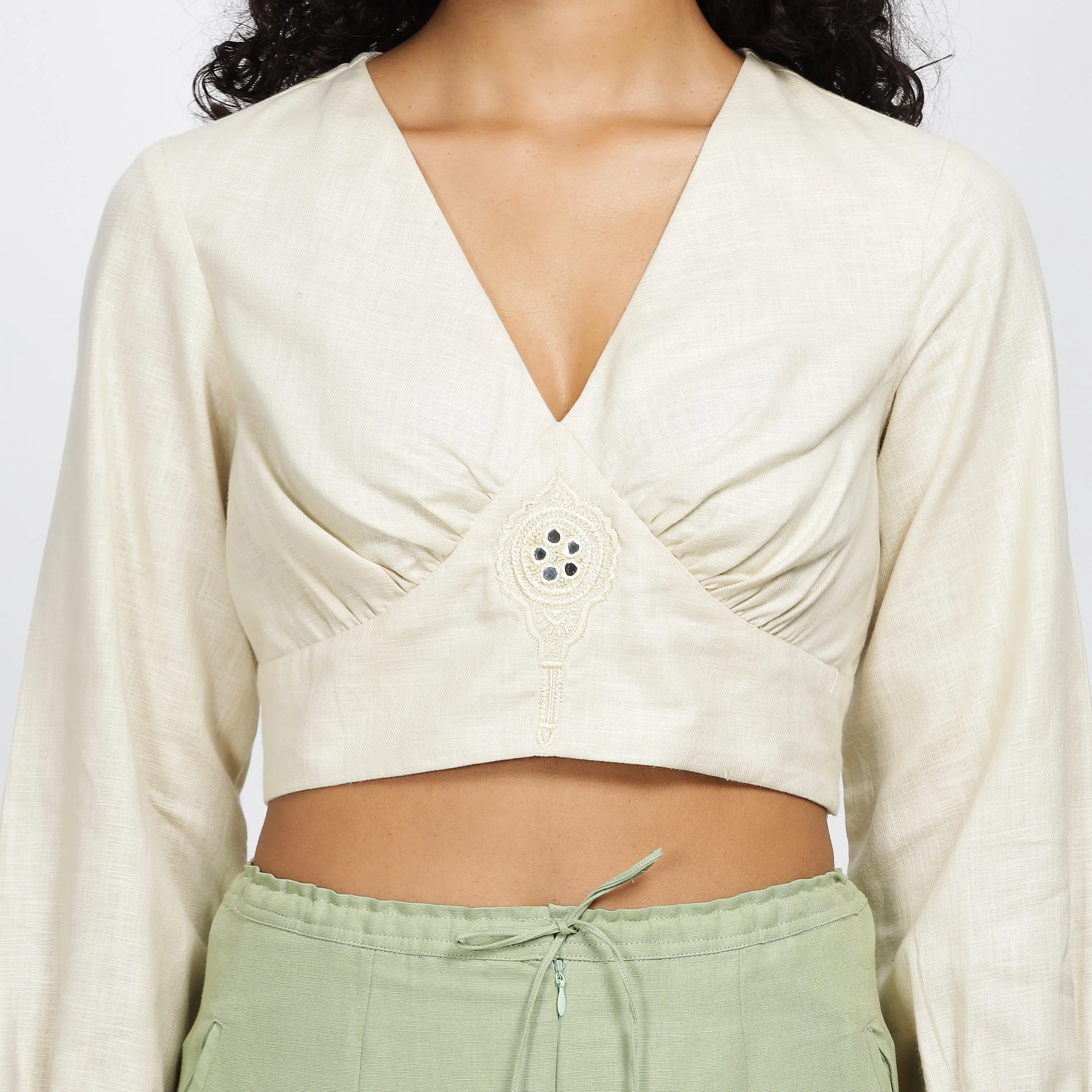 ETHERAL-Loose cotton linen crop top with full sleeves and mirror embroidery inspired by the Aranmula kannadi.