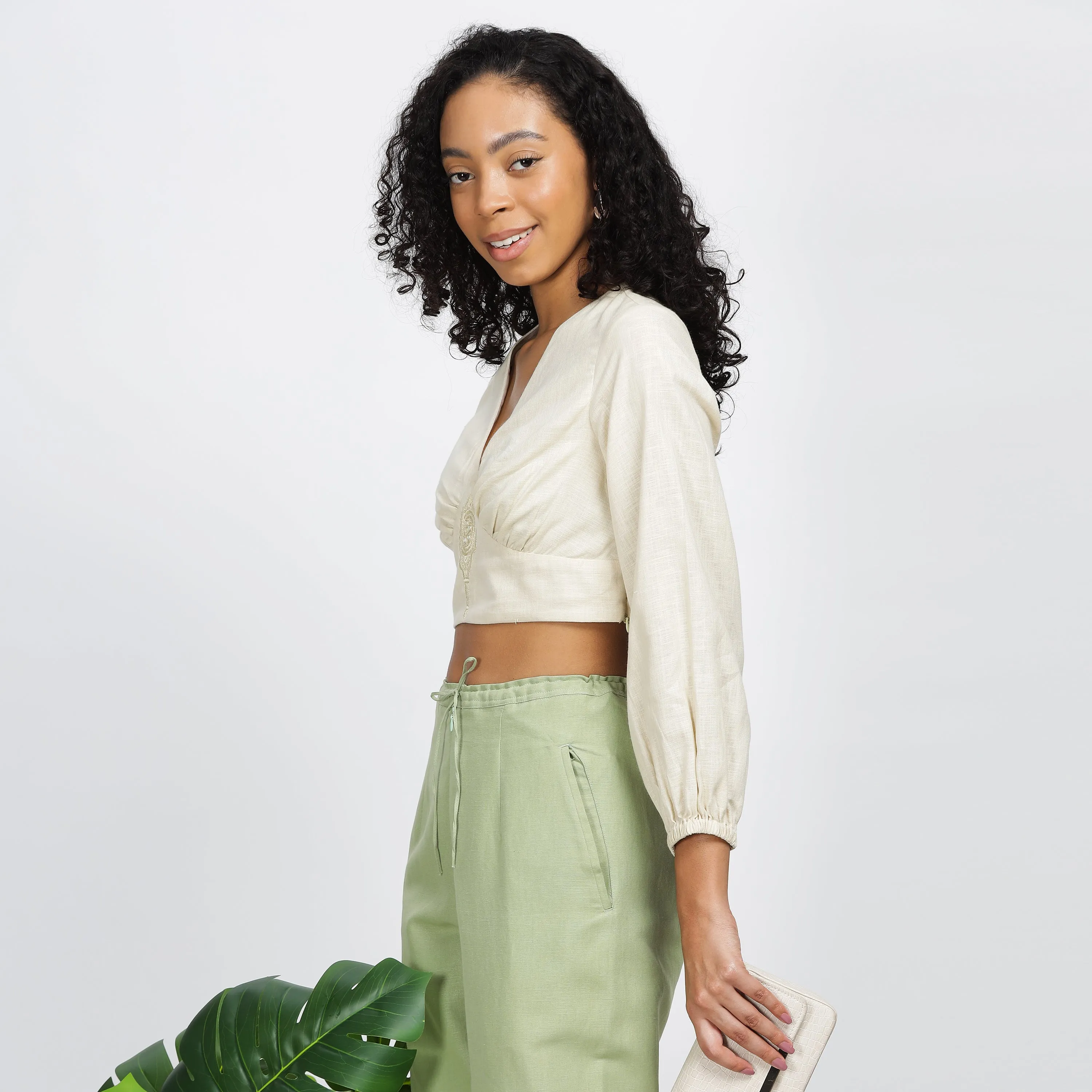 ETHERAL-Loose cotton linen crop top with full sleeves and mirror embroidery inspired by the Aranmula kannadi.