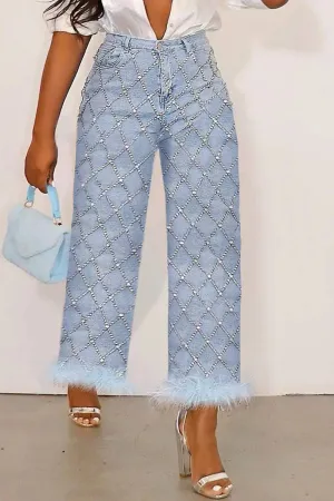 Fashion Women's Denim Pant Plus Size Daily Jean Light Blue Denim High Waist Drilling Straight Leg Feather Jean Ankle-Length Pant