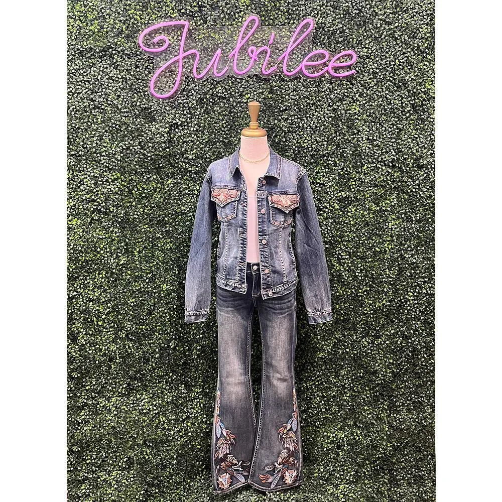 Feather Embroidered Denim Flare Jeans
