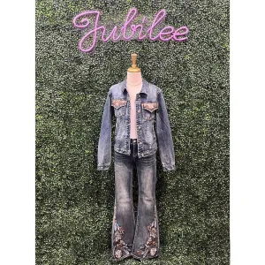 Feather Embroidered Denim Flare Jeans