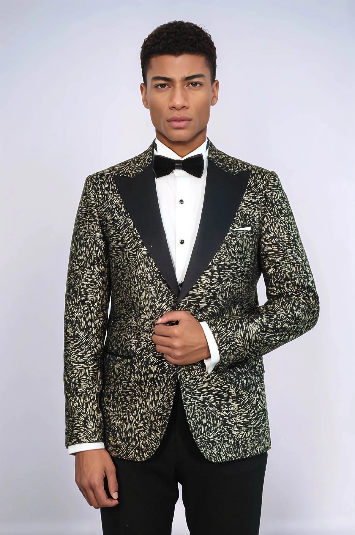 Feather Patterned Slim Fit Black Men Prom Blazer - Wessi