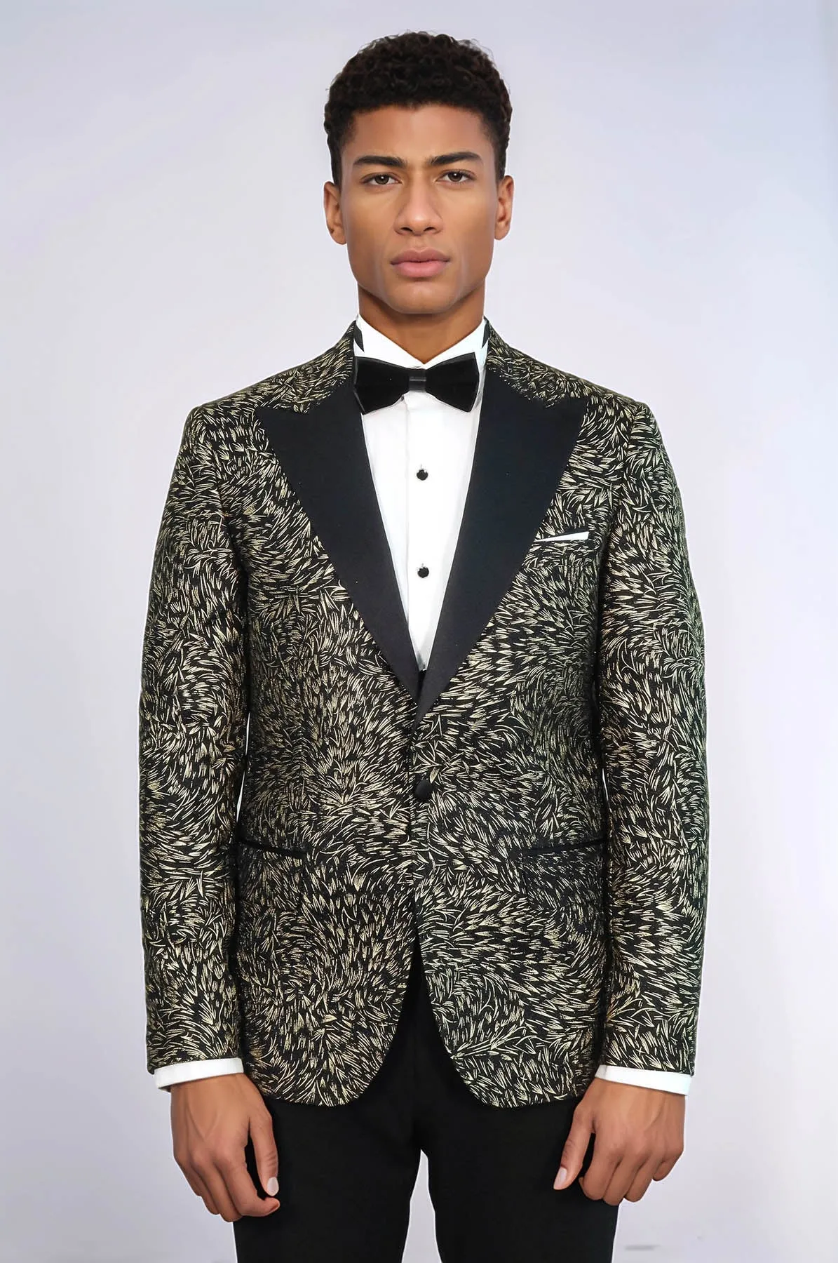 Feather Patterned Slim Fit Black Men Prom Blazer - Wessi
