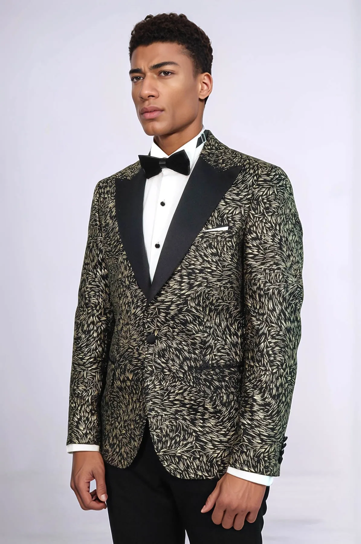 Feather Patterned Slim Fit Black Men Prom Blazer - Wessi