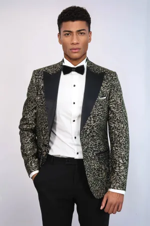 Feather Patterned Slim Fit Black Men Prom Blazer - Wessi