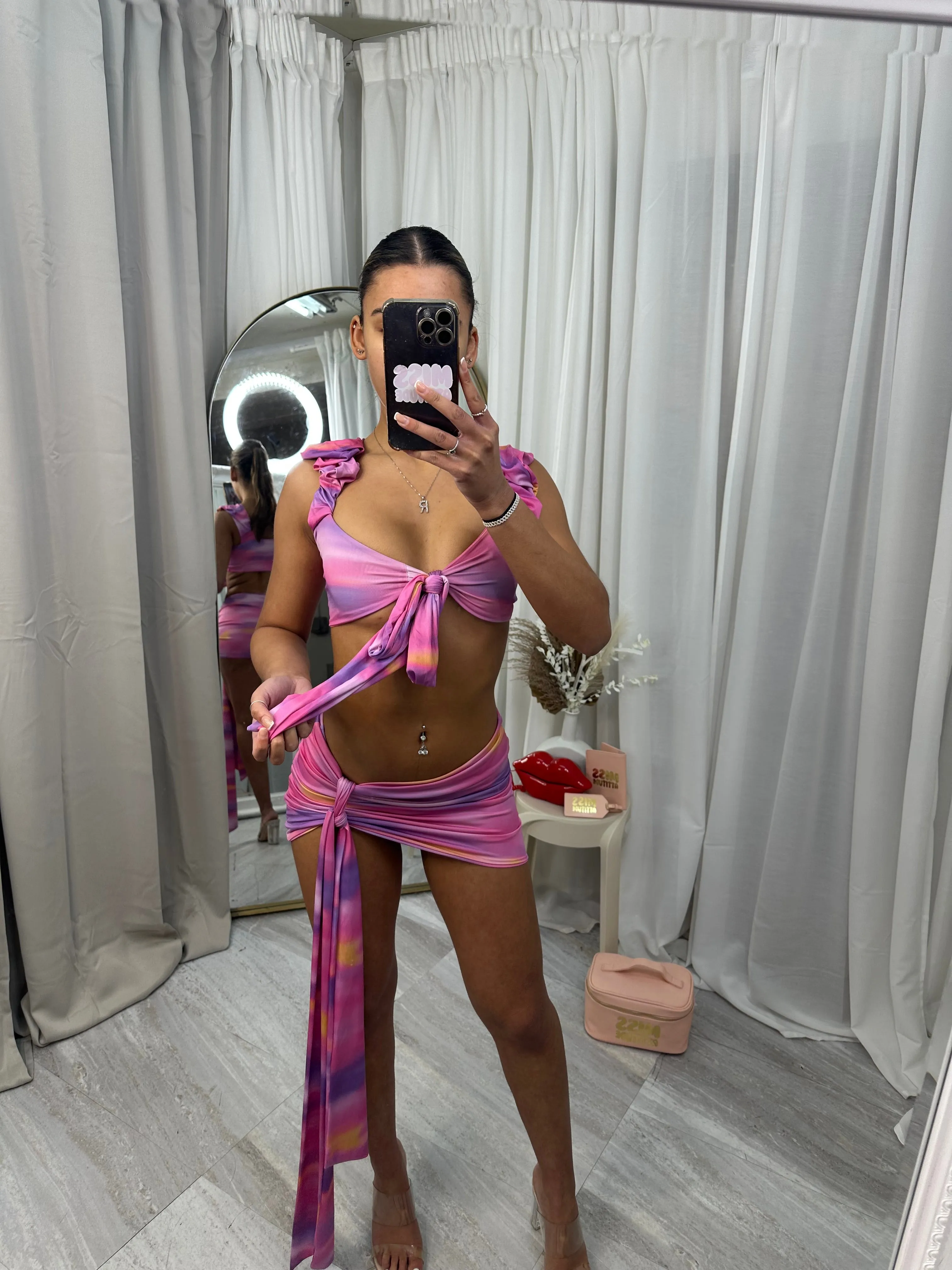 Festival set with drape mini skirt and frilled shoulder crop top