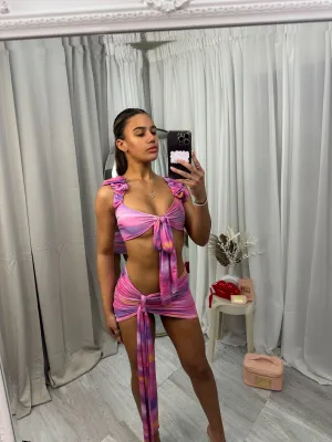 Festival set with drape mini skirt and frilled shoulder crop top
