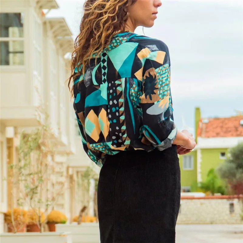 Geometric Print Loose Casual Tops