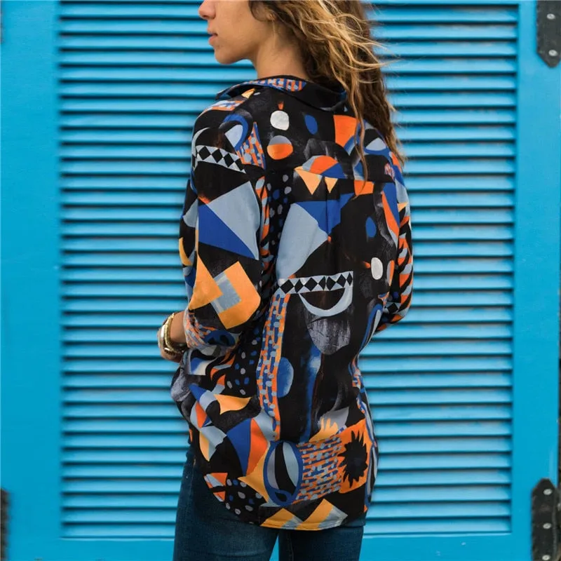 Geometric Print Loose Casual Tops