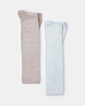 Girls Blue And Brown Printed Tights Set (Pack of 2)