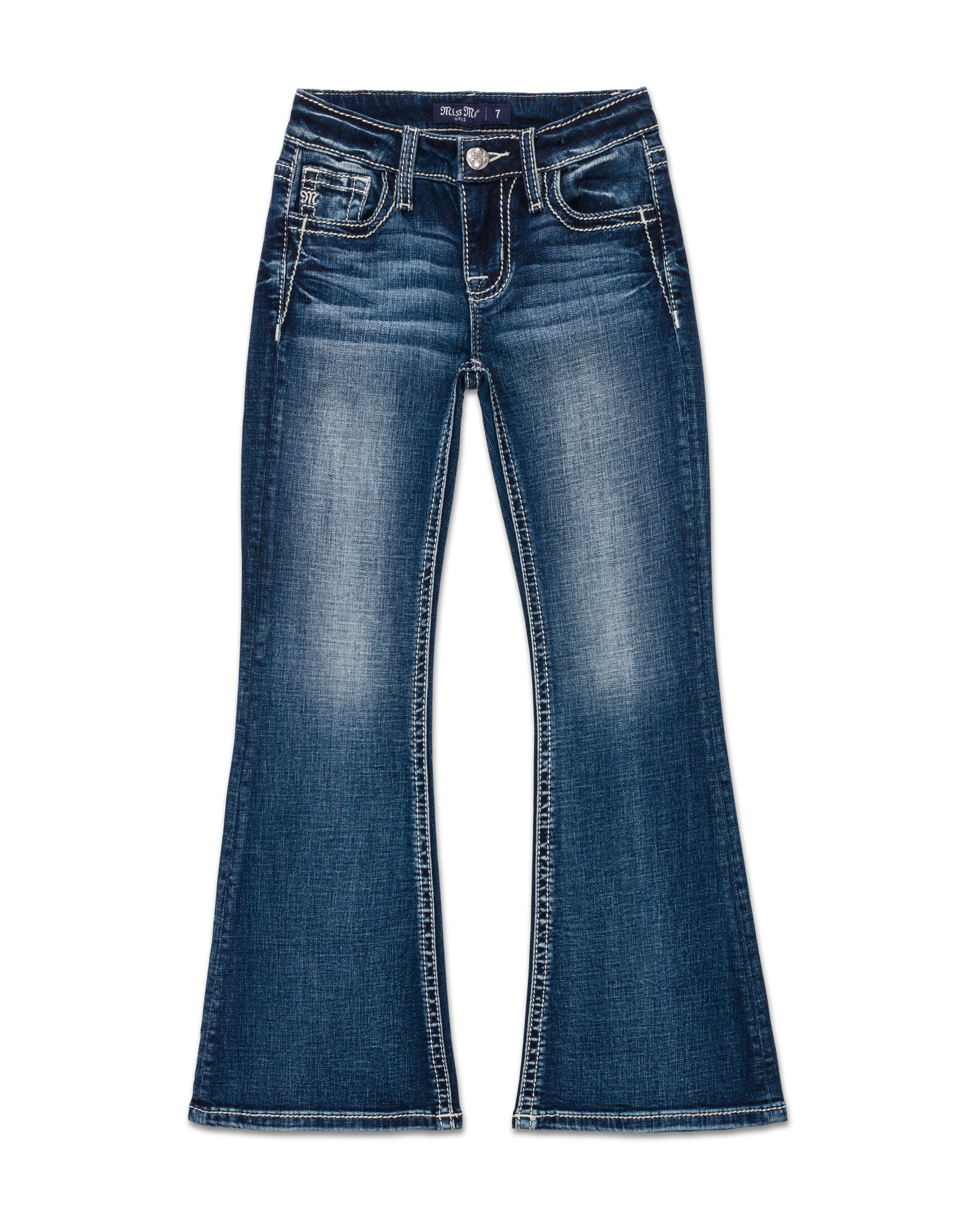 Girls Feather Cross Flower Flare Jeans