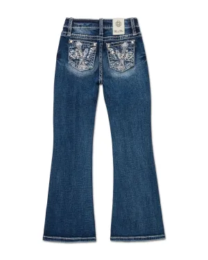 Girls Feather Cross Flower Flare Jeans