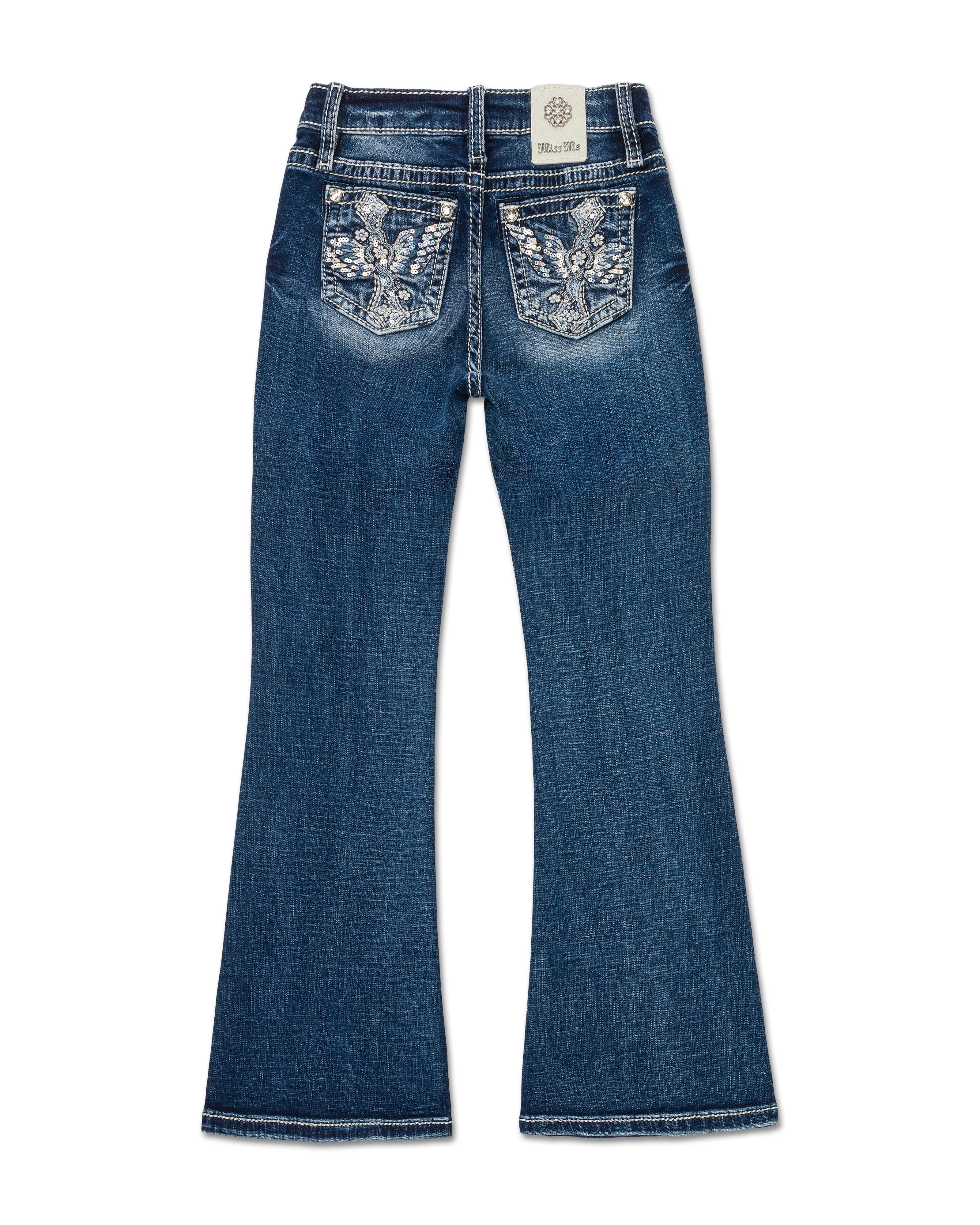 Girls Feather Cross Flower Flare Jeans