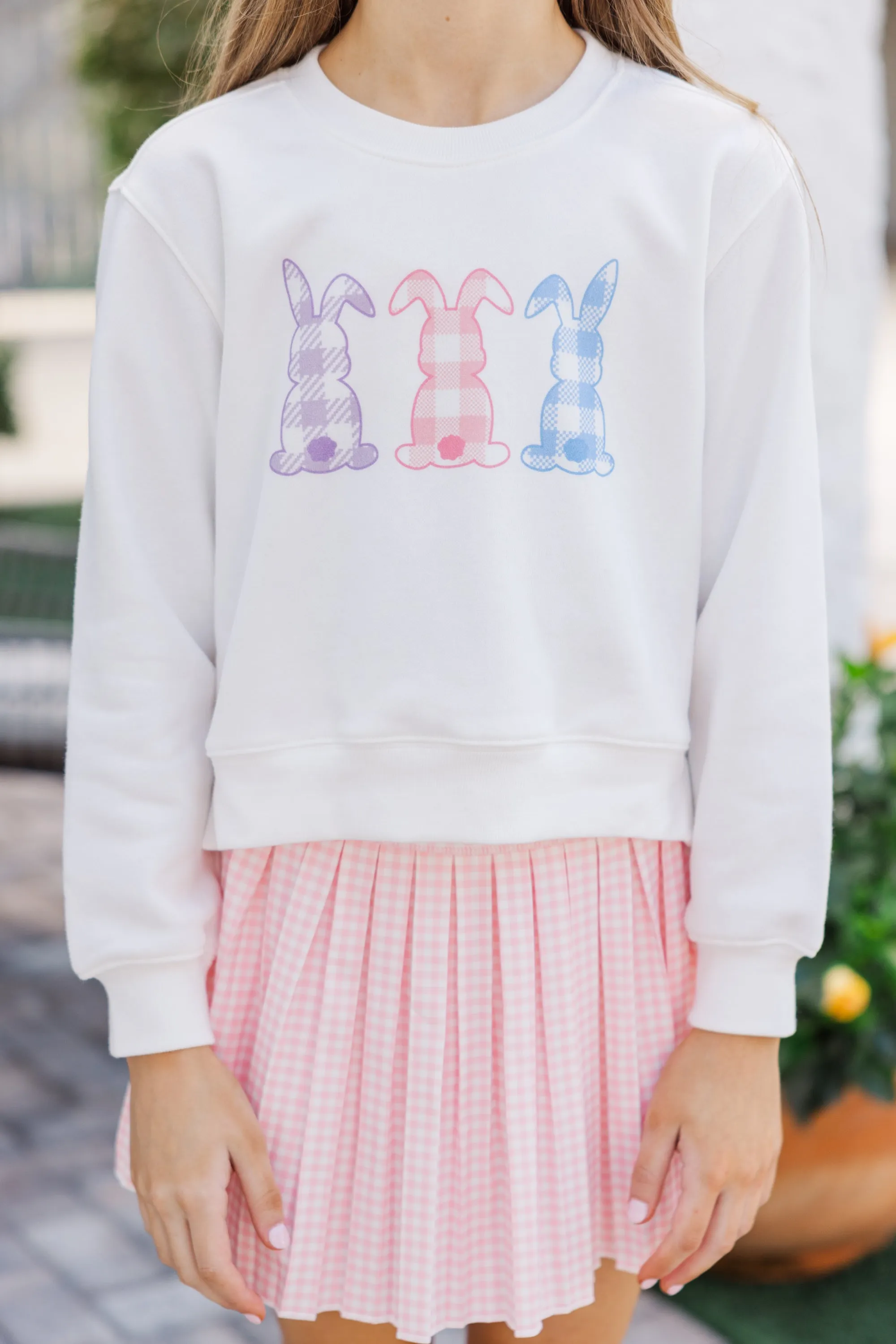 Girls: Gingham Bunnies White Graphic Sweatshirt