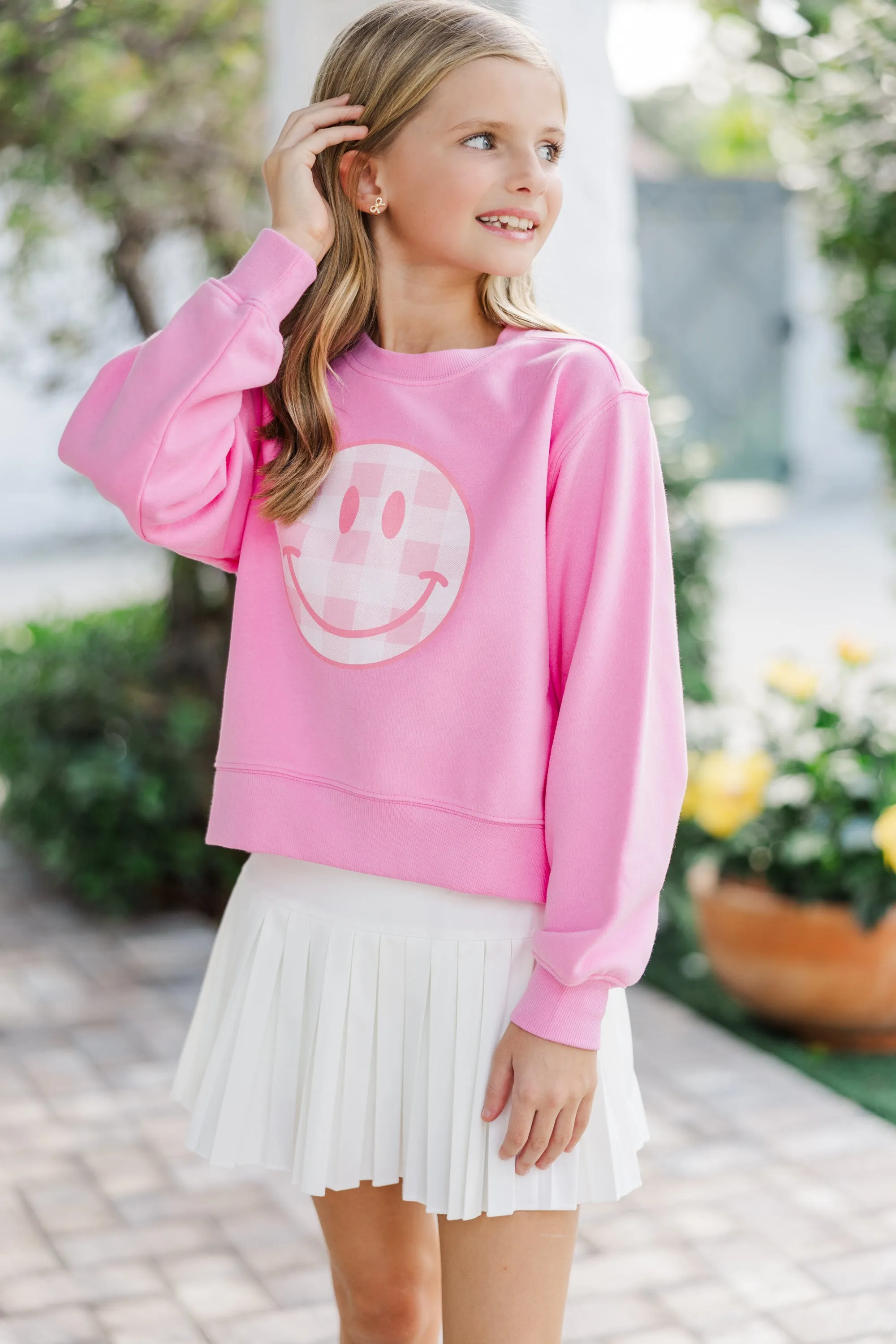 Girls: Gingham Smiley Pink Graphic Sweatshirt