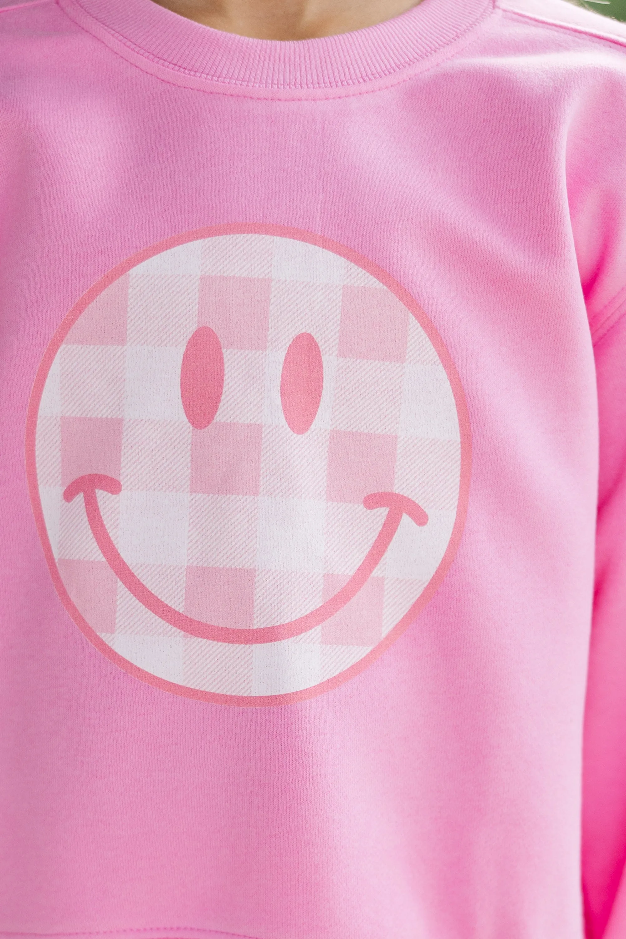 Girls: Gingham Smiley Pink Graphic Sweatshirt