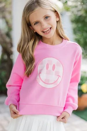Girls: Gingham Smiley Pink Graphic Sweatshirt