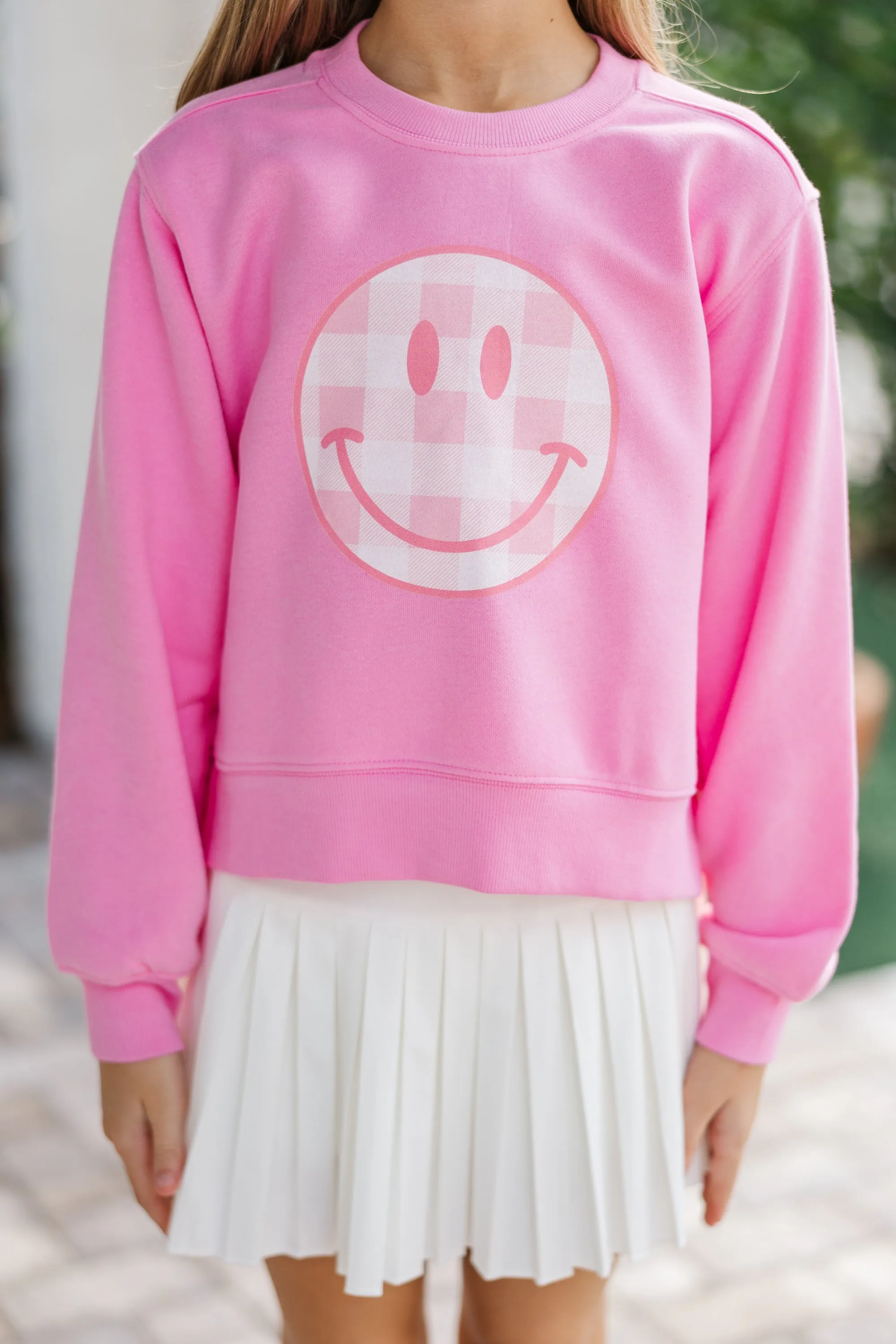 Girls: Gingham Smiley Pink Graphic Sweatshirt