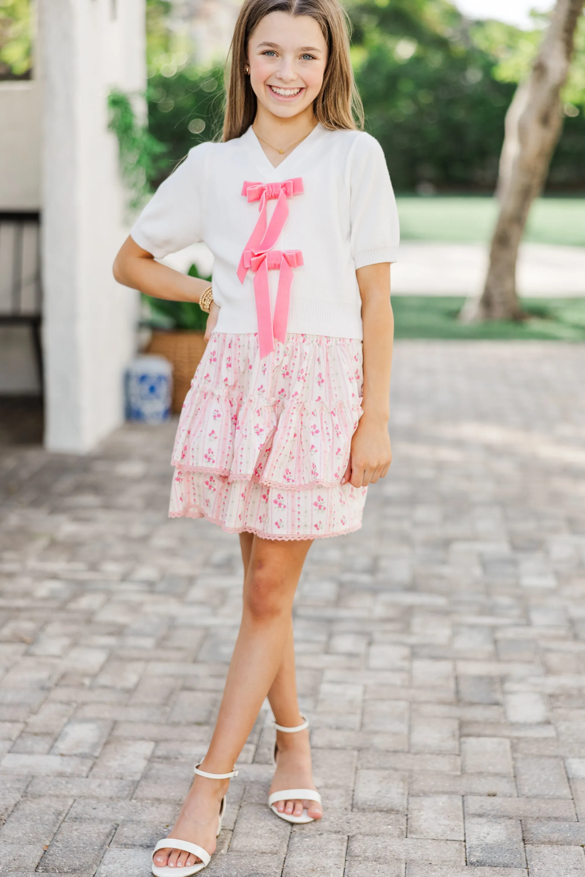 Girls: The Maren Cream Pink Bow Sweater