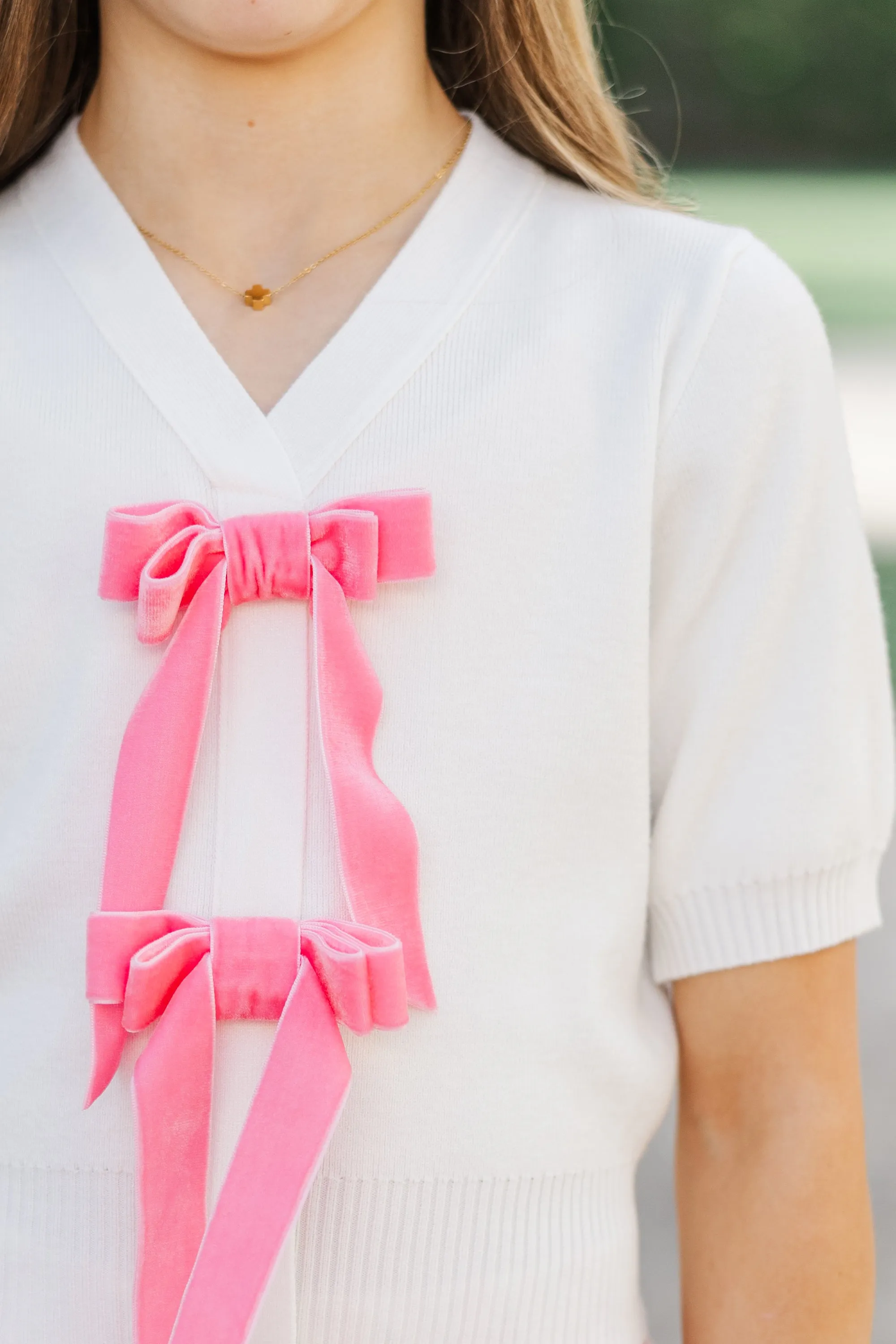 Girls: The Maren Cream Pink Bow Sweater