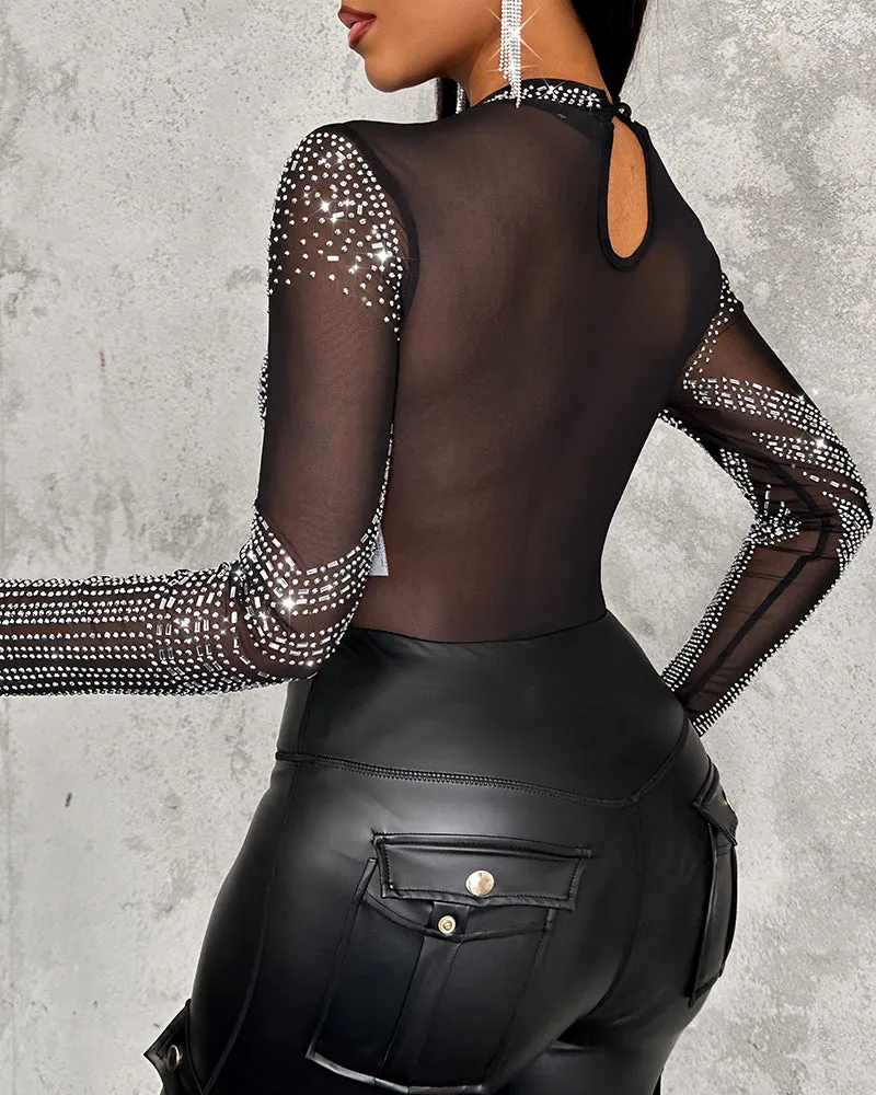 Glamorous Sheer Mesh Rhinestone-Embellished Long-Sleeve Bodysuit