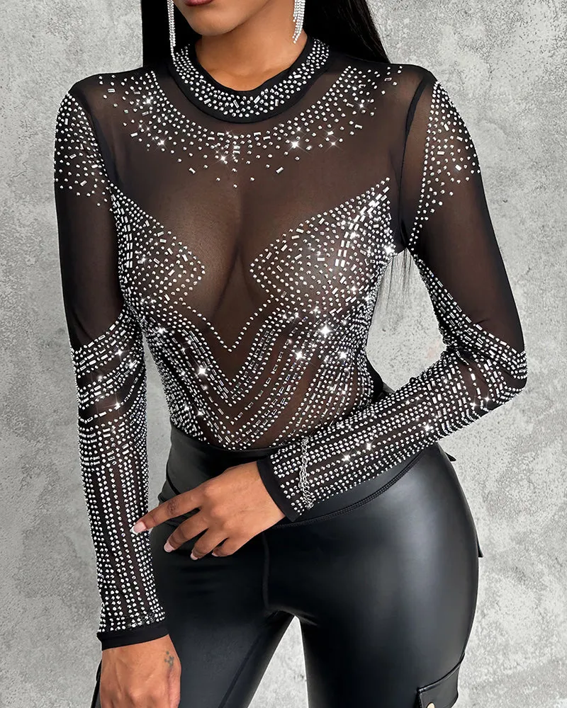 Glamorous Sheer Mesh Rhinestone-Embellished Long-Sleeve Bodysuit
