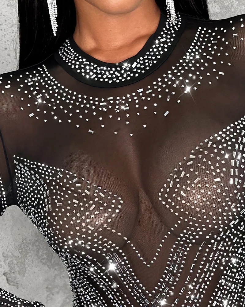 Glamorous Sheer Mesh Rhinestone-Embellished Long-Sleeve Bodysuit