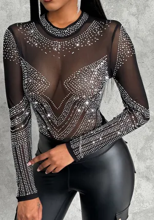 Glamorous Sheer Mesh Rhinestone-Embellished Long-Sleeve Bodysuit