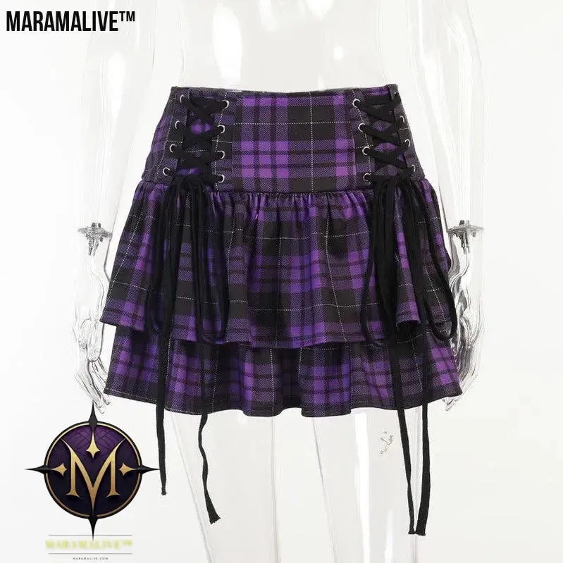 Gothic Lace-up Plaid Skirt - Punk Dark Tartan Mini Skirt.