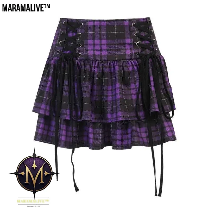 Gothic Lace-up Plaid Skirt - Punk Dark Tartan Mini Skirt.