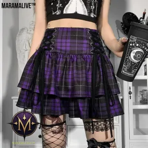 Gothic Lace-up Plaid Skirt - Punk Dark Tartan Mini Skirt.