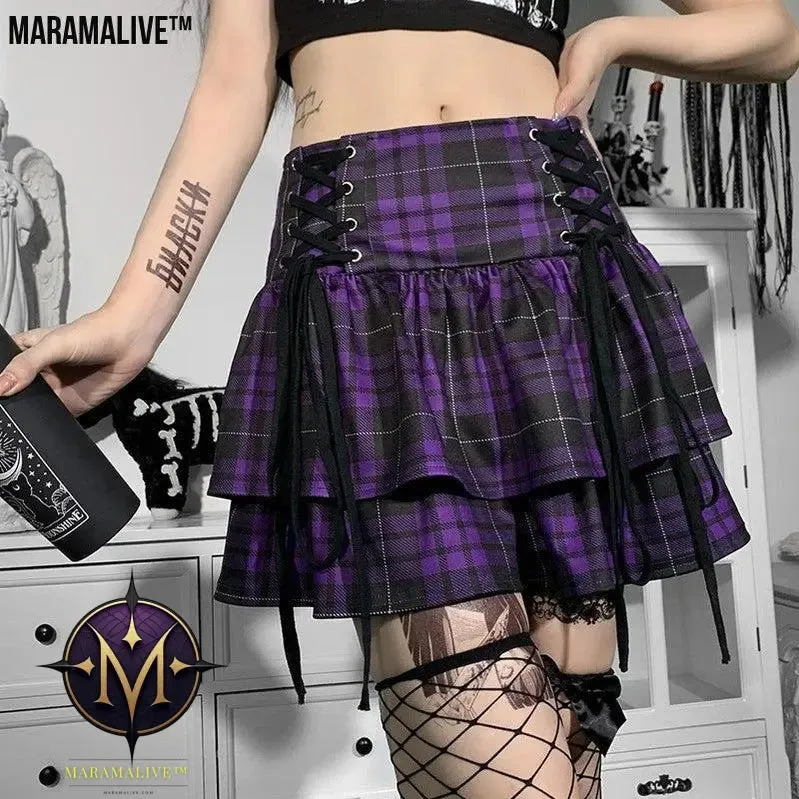 Gothic Lace-up Plaid Skirt - Punk Dark Tartan Mini Skirt.