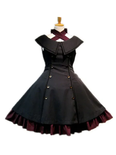 Gothic Lolita JSK Jumper Skirt Military Style Sleeveless Ruffles Double Breasted Black Lolita Dresses